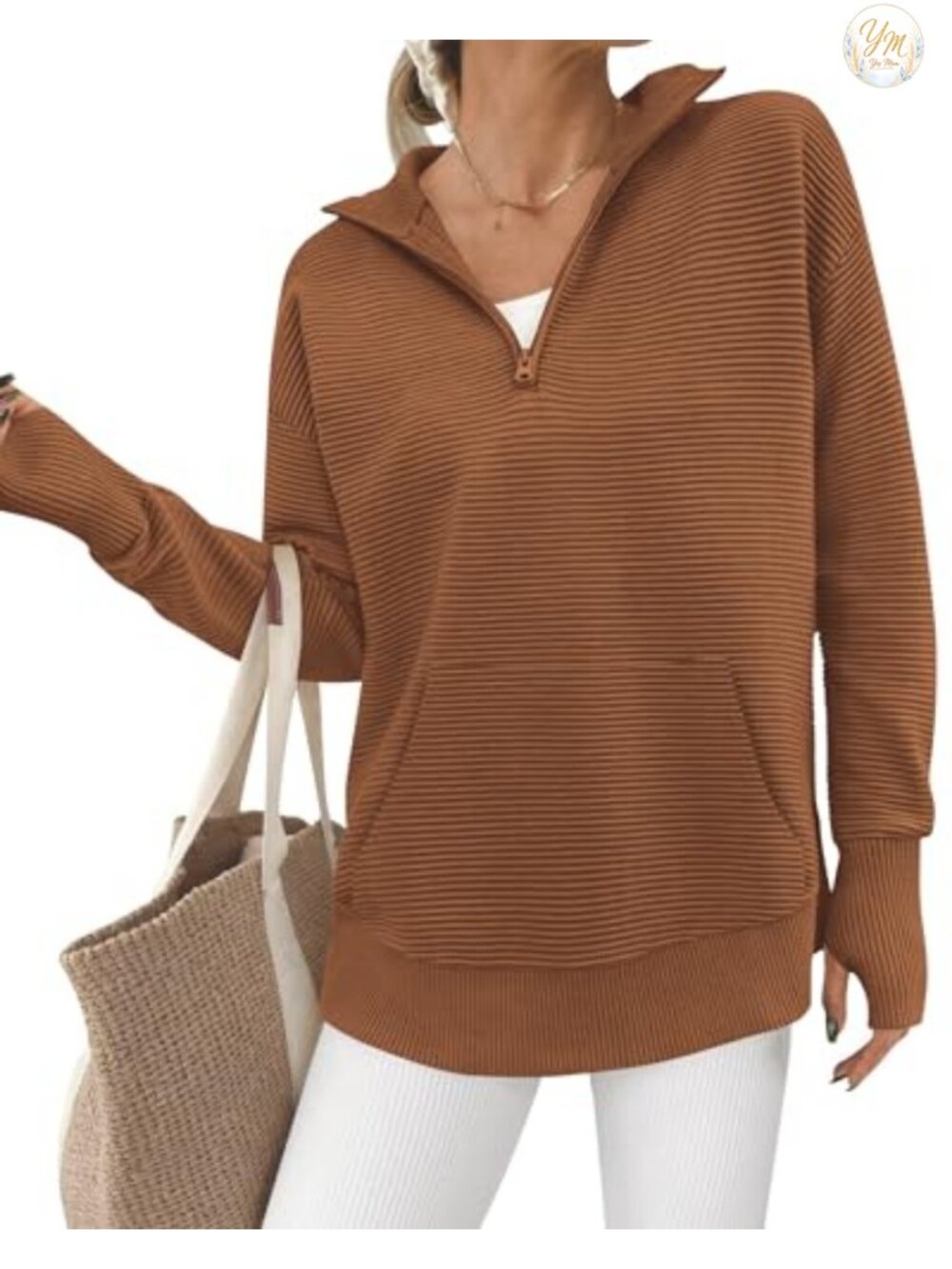 Women's Quarter Zip Pullover Sweater with Thumb Hole & Pocket